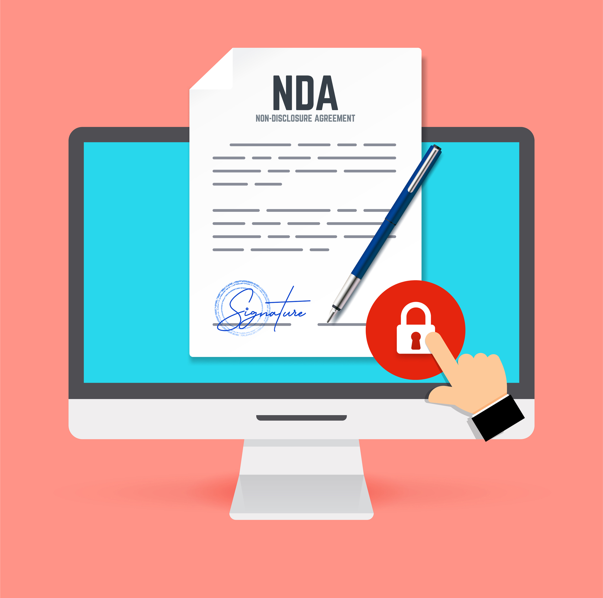 Non-Disclosure Agreement document with stamp and signature and monitor in flat style. Vector concept NDA with pen.